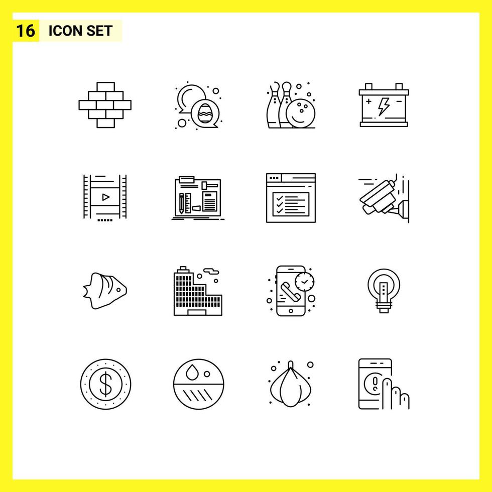 Modern Set of 16 Outlines and symbols such as filam vedio fun car battery Editable Vector Design Elements