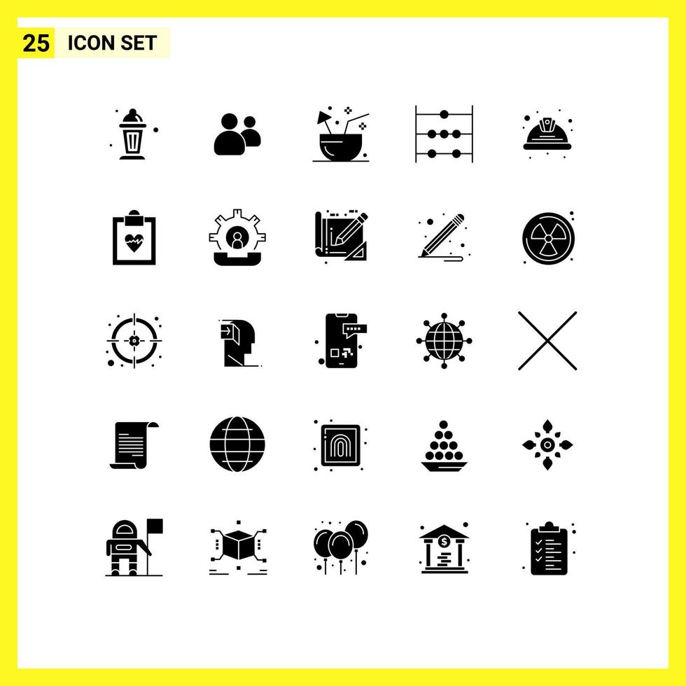 25 Universal Solid Glyphs Set for Web and Mobile Applications helmet science coconut math tropical Editable Vector Design Elements