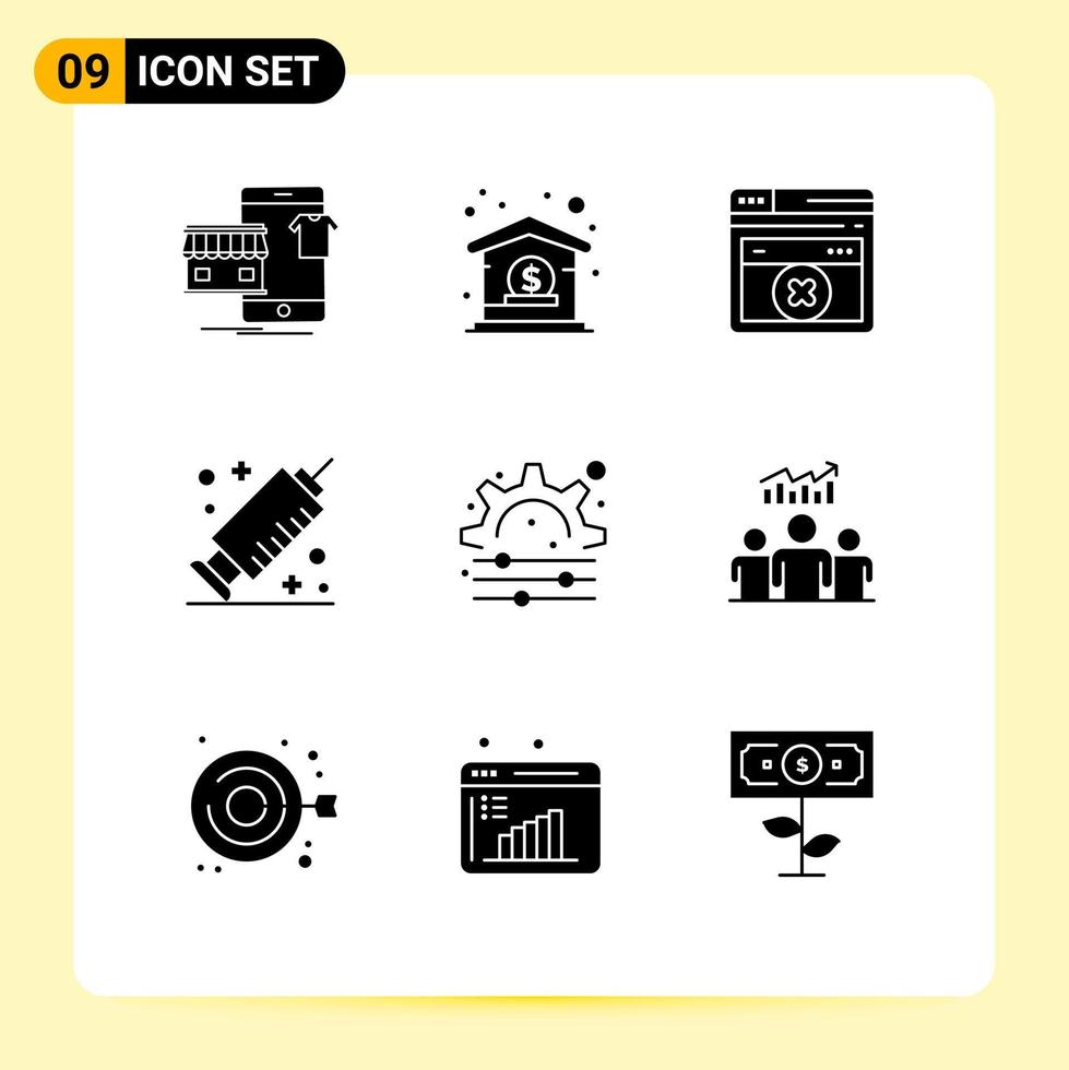 Set of 9 Modern UI Icons Symbols Signs for gear creative management vaccine medicine Editable Vector Design Elements