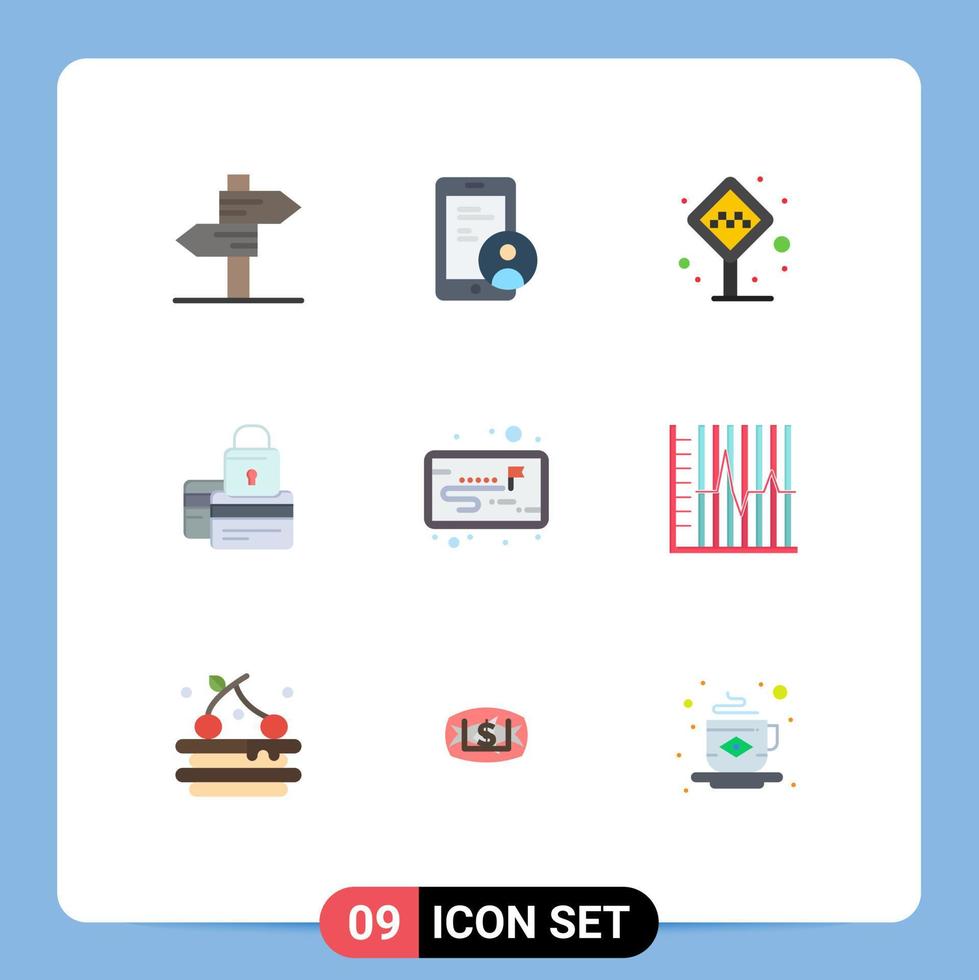 Pictogram Set of 9 Simple Flat Colors of secure credit airport card taxi stand Editable Vector Design Elements