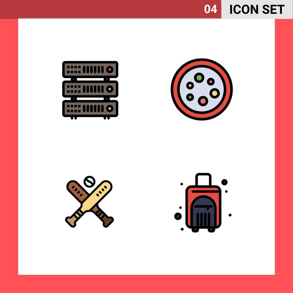 conjunto moderno de 4 colores planos y símbolos de línea de llenado, como elementos de diseño de vectores editables de murciélagos de equipo de alojamiento de bolas de base de datos