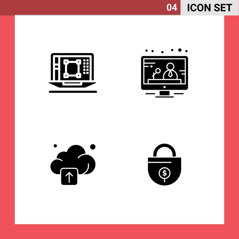Group of 4 Solid Glyphs Signs and Symbols for laptop upload enhance media business Editable Vector Design Elements