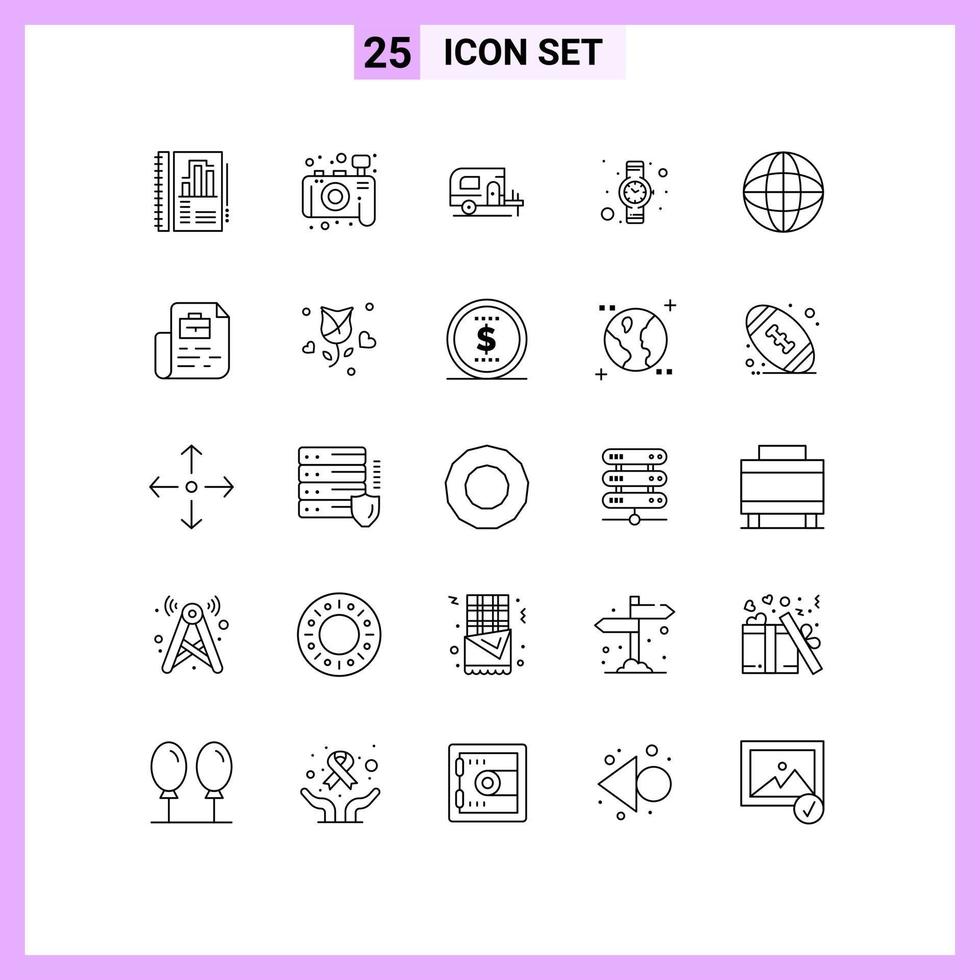 Line Pack of 25 Universal Symbols of document internet camp globe watch Editable Vector Design Elements