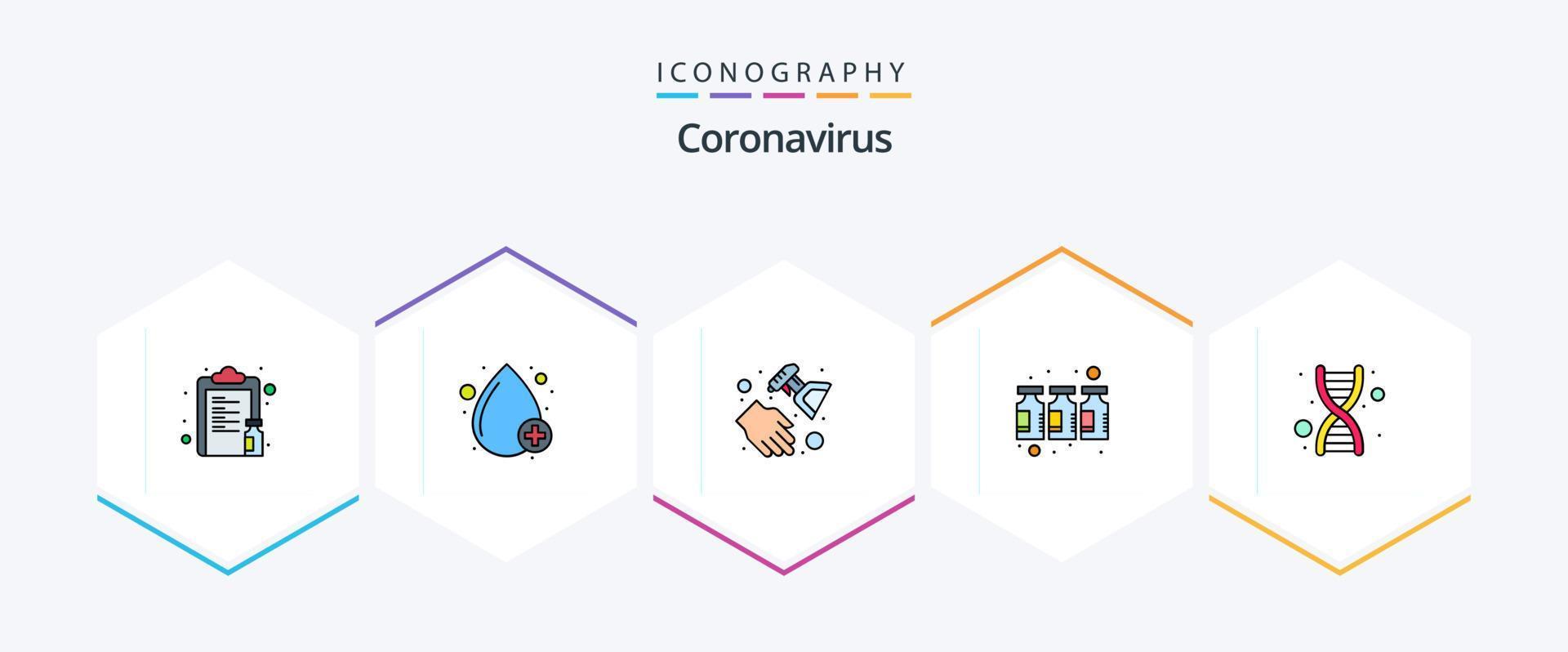 paquete de iconos de línea completa de coronavirus 25 que incluye adn. medicamento. positivo. drogas aerosol desinfectante vector