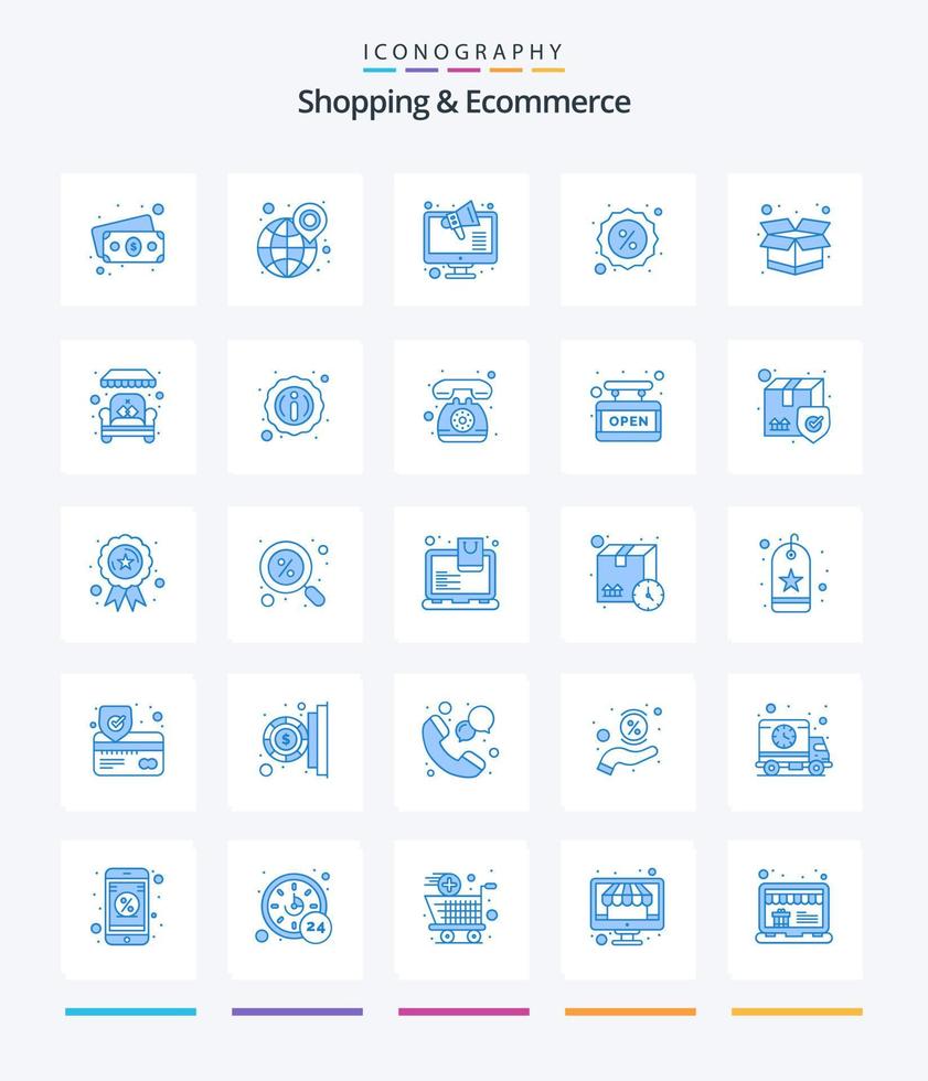 Creative Shopping And Ecommerce 25 Blue icon pack  Such As package. badge. marketing. tag. discount vector