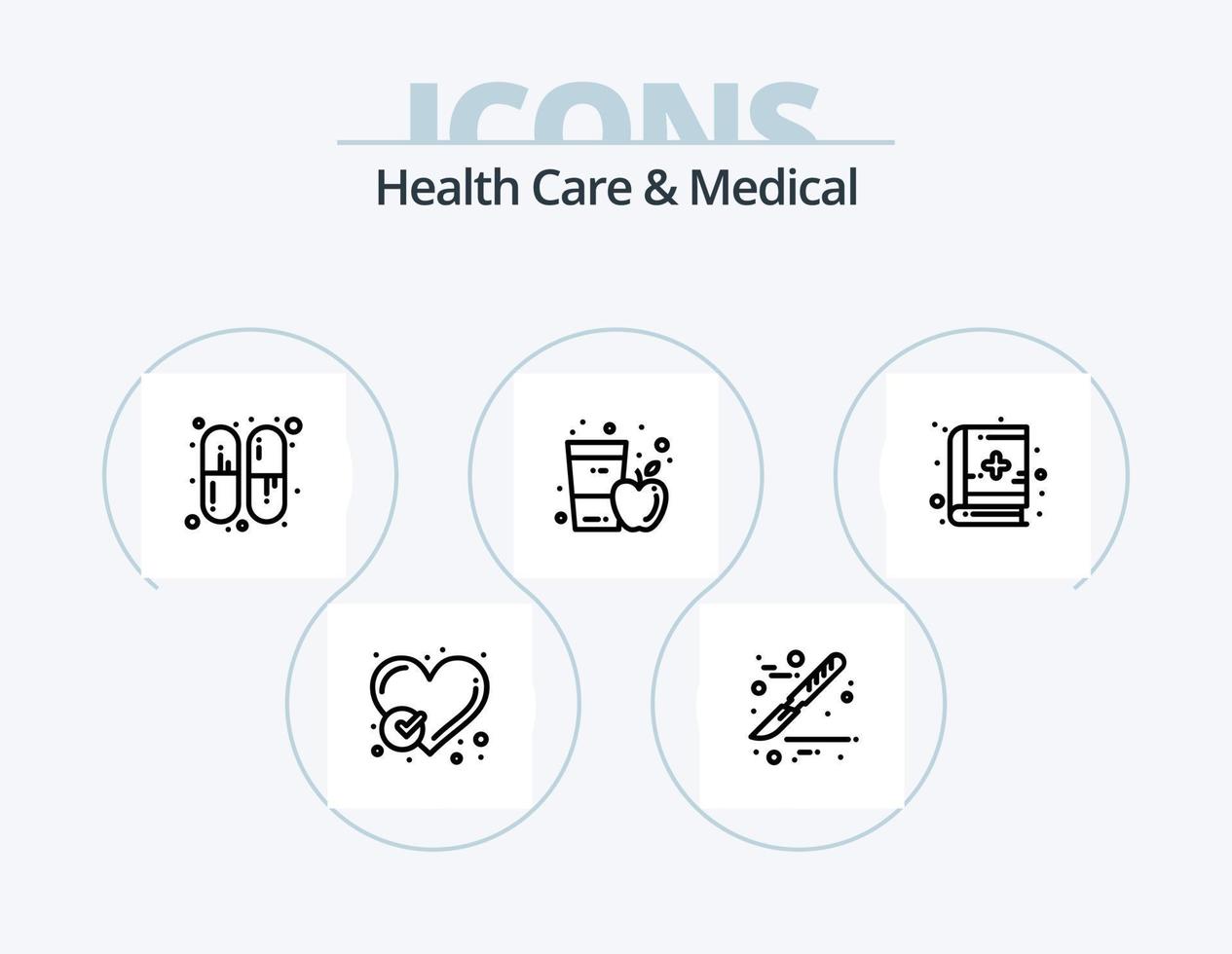 cuidado de la salud y línea médica icon pack 5 icon design. cuidado. primero. jugo. caso. medicamento vector