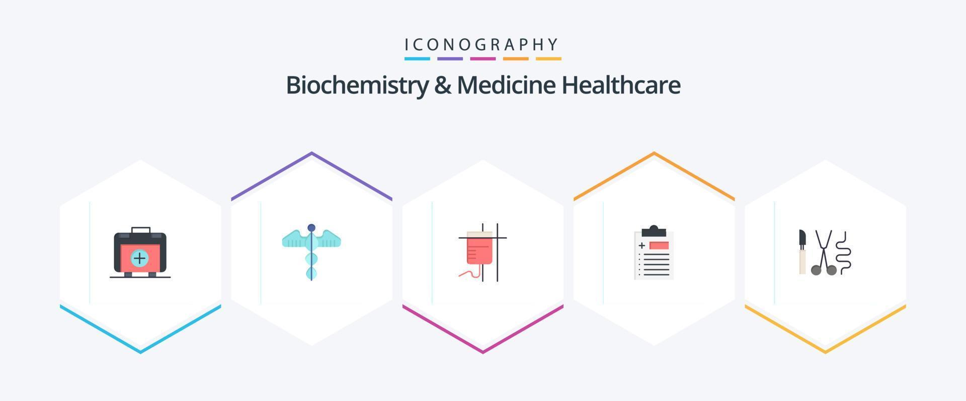 Biochemistry And Medicine Healthcare 25 Flat icon pack including instruments. test . care. clipboard. transfusion vector