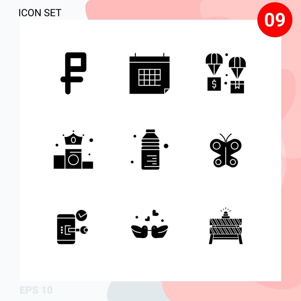 9 User Interface Solid Glyph Pack of modern Signs and Symbols of bottle money air crown parachute Editable Vector Design Elements