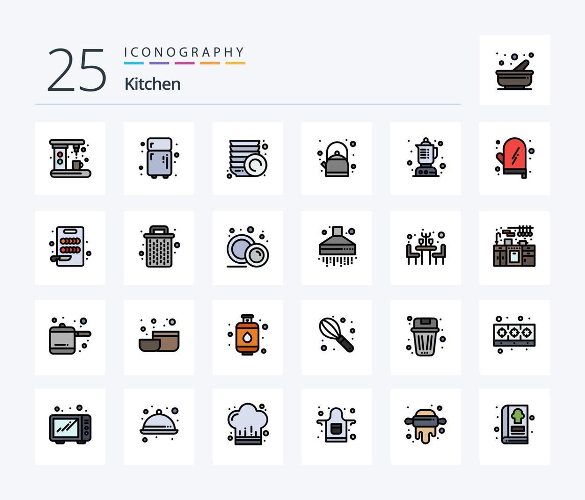 paquete de iconos rellenos de 25 líneas de cocina que incluye comida. cocina. lámina. alimento. té vector