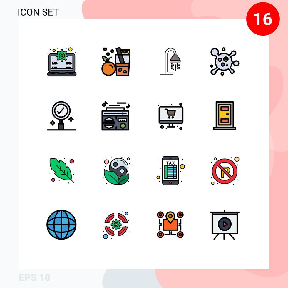grupo de 16 líneas llenas de color plano, signos y símbolos para búsqueda de negocios, baño, ciencia, átomo, elementos de diseño de vectores creativos editables