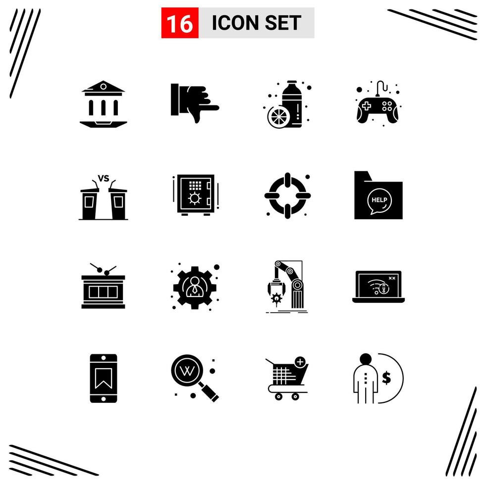 Set of 16 Commercial Solid Glyphs pack for democracy pad diet game control pad Editable Vector Design Elements