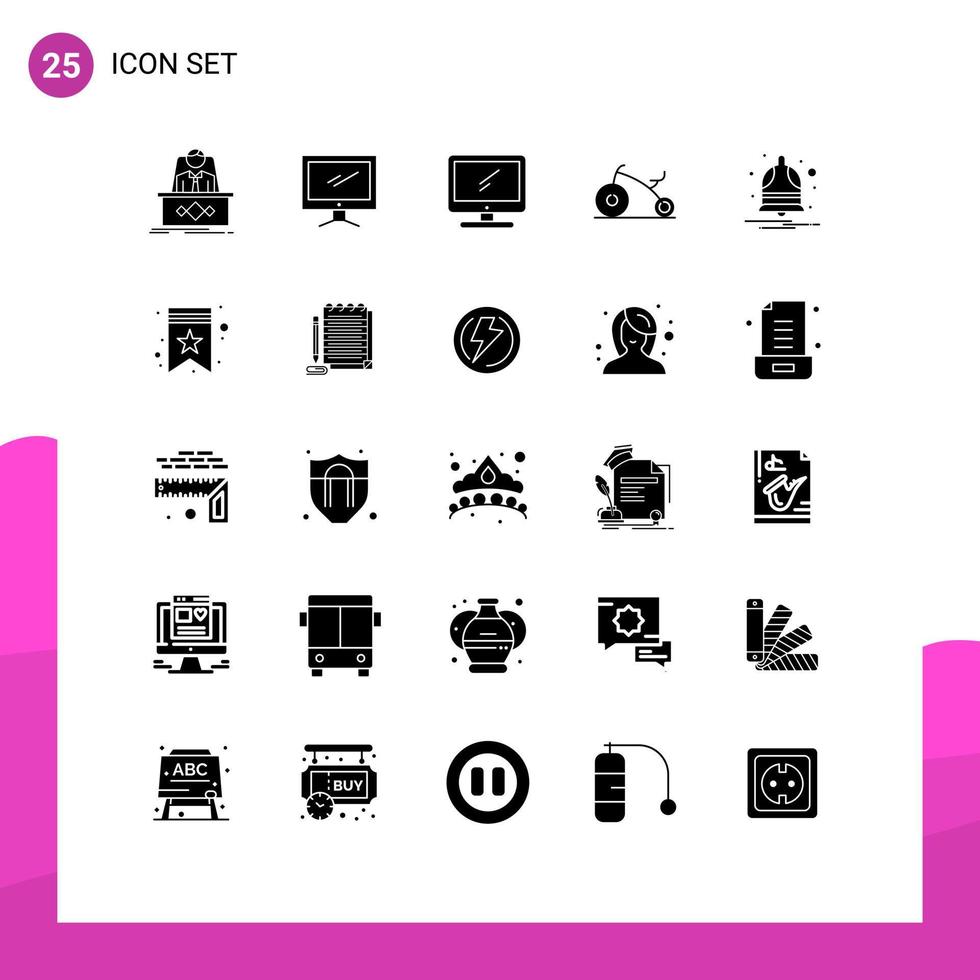 Editable Vector Line Pack of 25 Simple Solid Glyphs of bookmark notify imac notification infant Editable Vector Design Elements