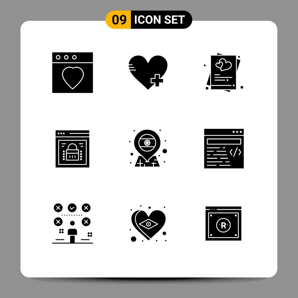 Set of 9 Vector Solid Glyphs on Grid for country web security love web lock page lock Editable Vector Design Elements