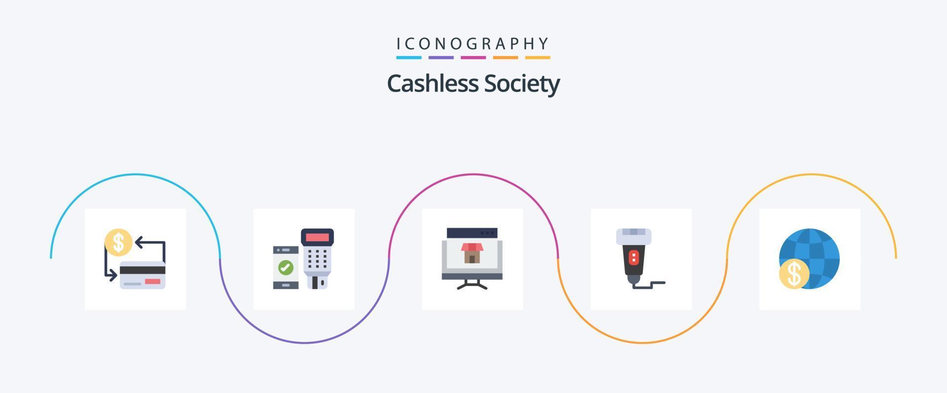 Cashless Society Flat 5 Icon Pack Including payment. cashless. scan. shopping. marketplace vector