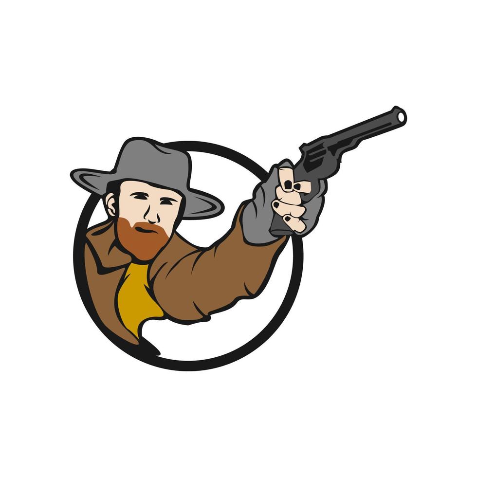 Bearded Cowboy wild west gunfighter tattoo. Western bandit with guns - vintage vector illustration.