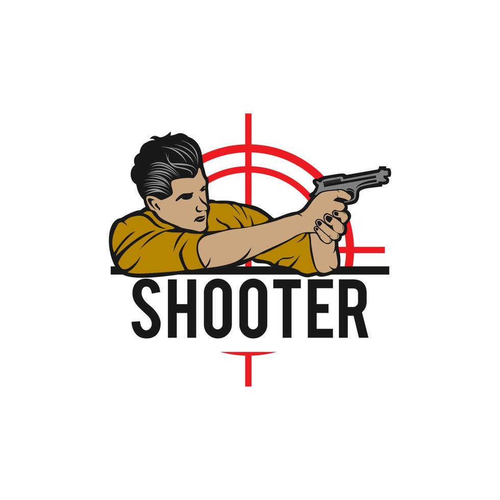 tirador. Disparo de una pistola en la marca de placas, logotipo. ilustración vectorial. aislado sobre fondo blanco. vector