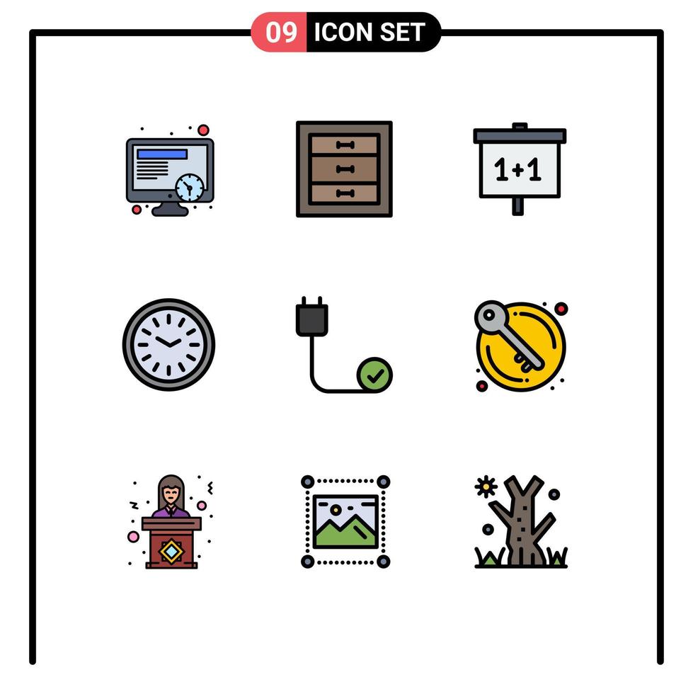 9 User Interface Filledline Flat Color Pack of modern Signs and Symbols of connected wall clock learning time dinner Editable Vector Design Elements