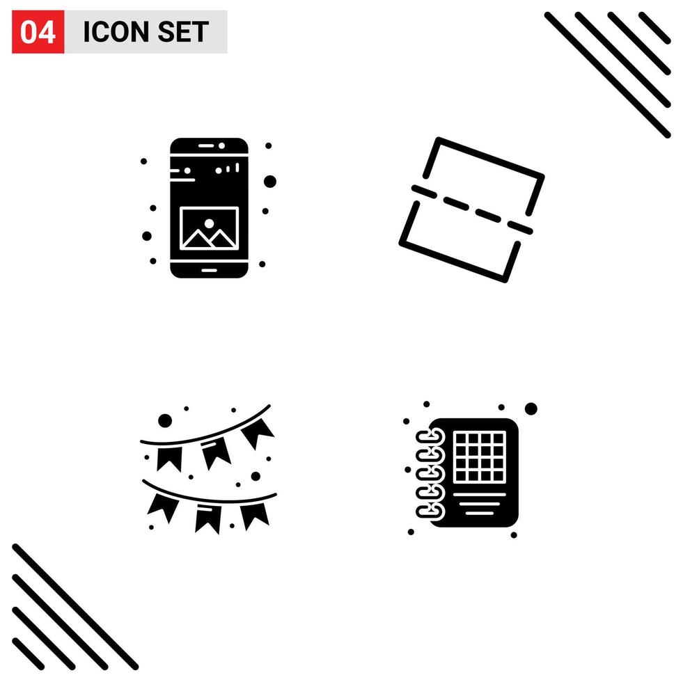 Mobile Interface Solid Glyph Set of 4 Pictograms of app ornament mobile straighten diary Editable Vector Design Elements