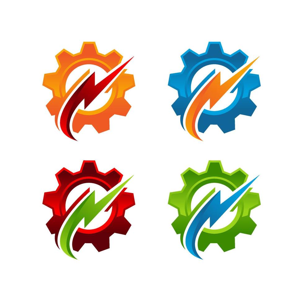 Energy company logo. Electrical or mechanic industrial company brand icon. Lightning and gears as sunrise vector