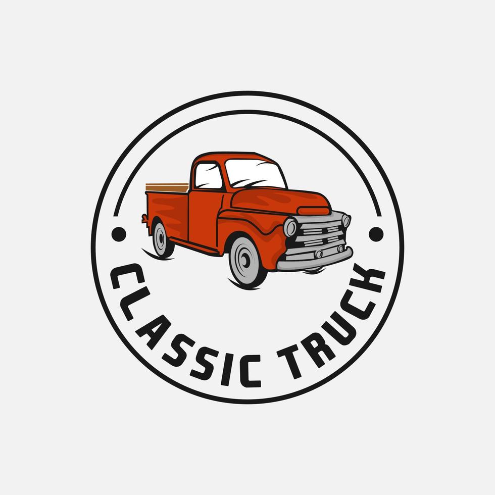 Farmers market logo with retro truck and typography vector illustration. Old truck side view. Fall season eco fresh products vegetables and fruits delivery for farm market poster or banner.