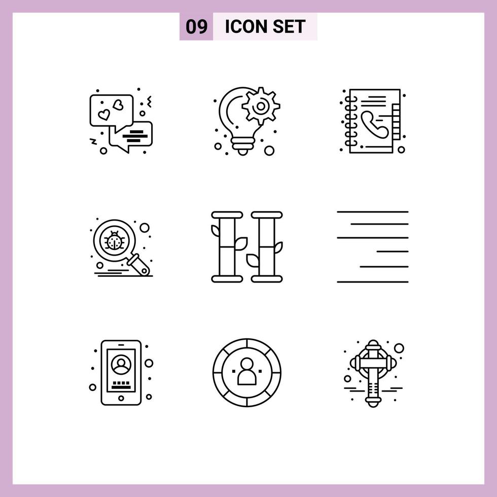 Set of 9 Modern UI Icons Symbols Signs for nature protect book search bug Editable Vector Design Elements