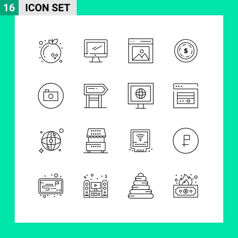 Group of 16 Modern Outlines Set for camera dollar pc american picture Editable Vector Design Elements