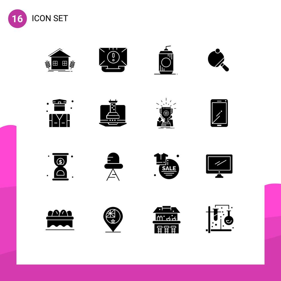 Pack of 16 Modern Solid Glyphs Signs and Symbols for Web Print Media such as tennis racket help pong drink Editable Vector Design Elements