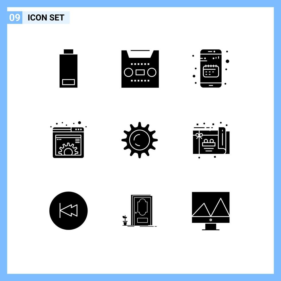 Group of 9 Modern Solid Glyphs Set for sun management app gear content Editable Vector Design Elements