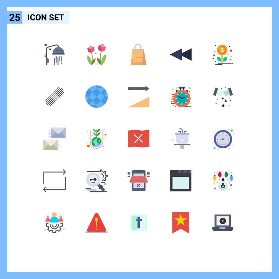 Mobile Interface Flat Color Set of 25 Pictograms of rope growth bag financing backward Editable Vector Design Elements
