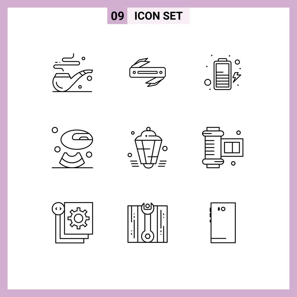 User Interface Pack of 9 Basic Outlines of decoration muslim charge lamp drink Editable Vector Design Elements