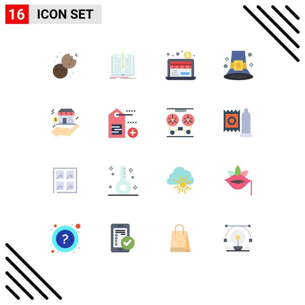 Pack of 16 Modern Flat Colors Signs and Symbols for Web Print Media such as safe pilgrim economy hat fall Editable Pack of Creative Vector Design Elements