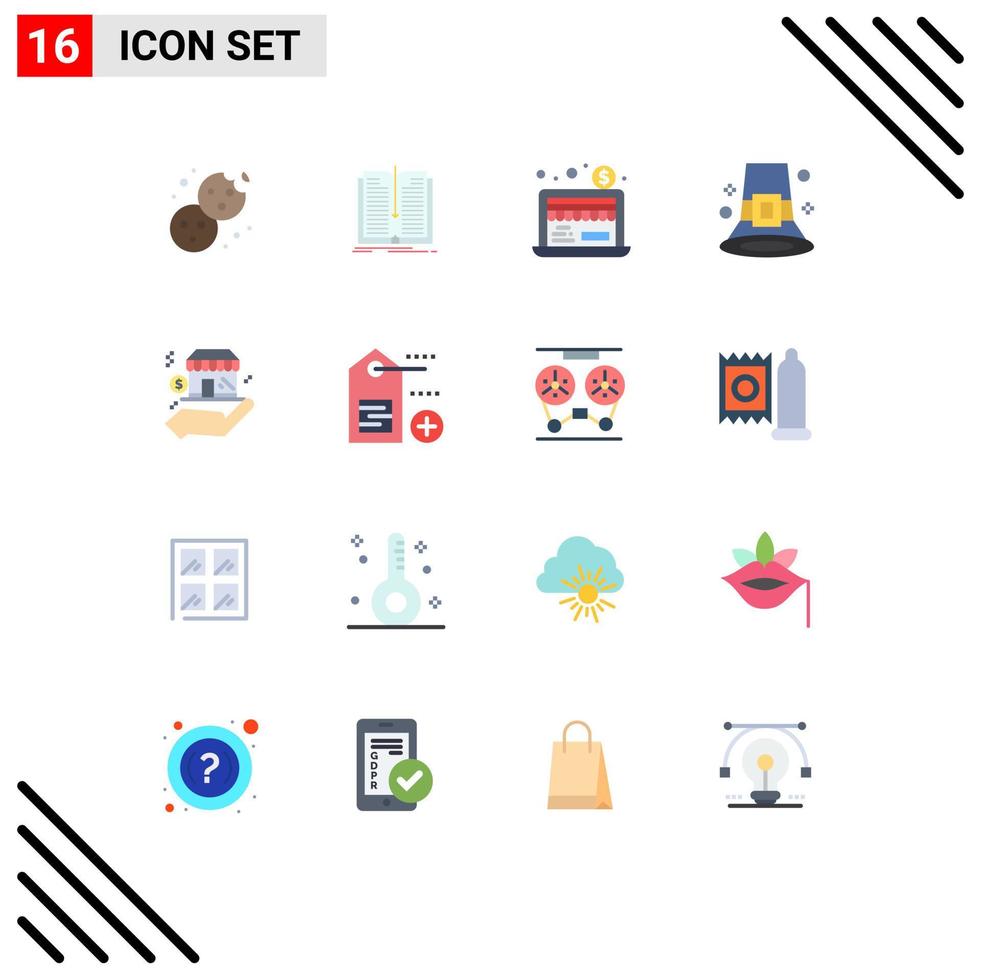 Pack of 16 Modern Flat Colors Signs and Symbols for Web Print Media such as safe pilgrim economy hat fall Editable Pack of Creative Vector Design Elements