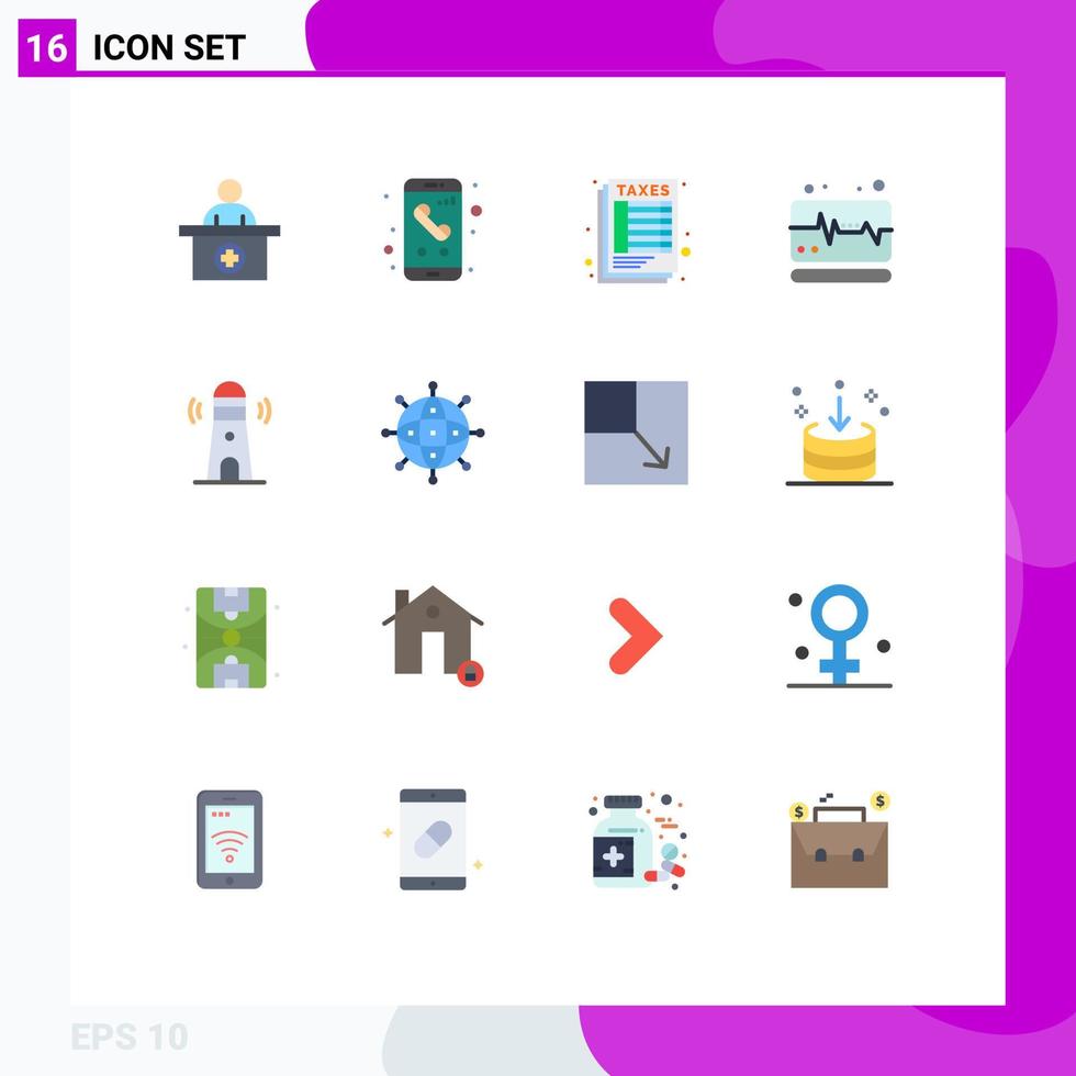 Pictogram Set of 16 Simple Flat Colors of building pulse calling monitor tax Editable Pack of Creative Vector Design Elements