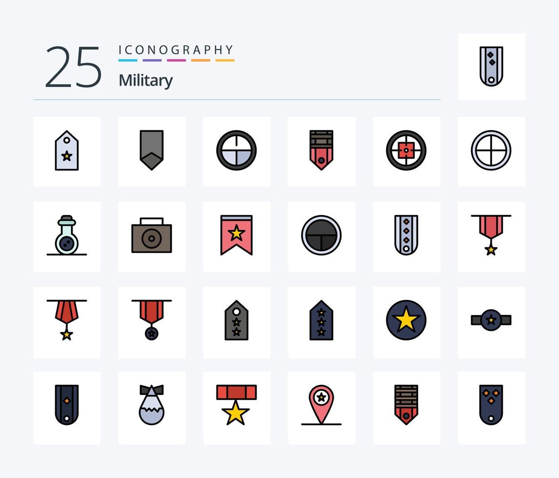 paquete de iconos llenos de 25 líneas militares que incluye la etiqueta. rango. medalla. militar. militar vector