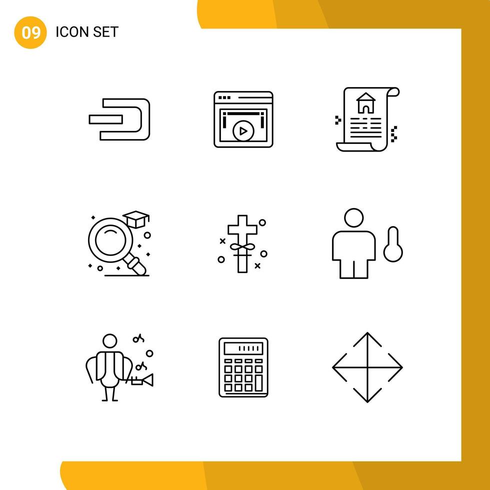 Group of 9 Outlines Signs and Symbols for holy cross video player graduation education Editable Vector Design Elements