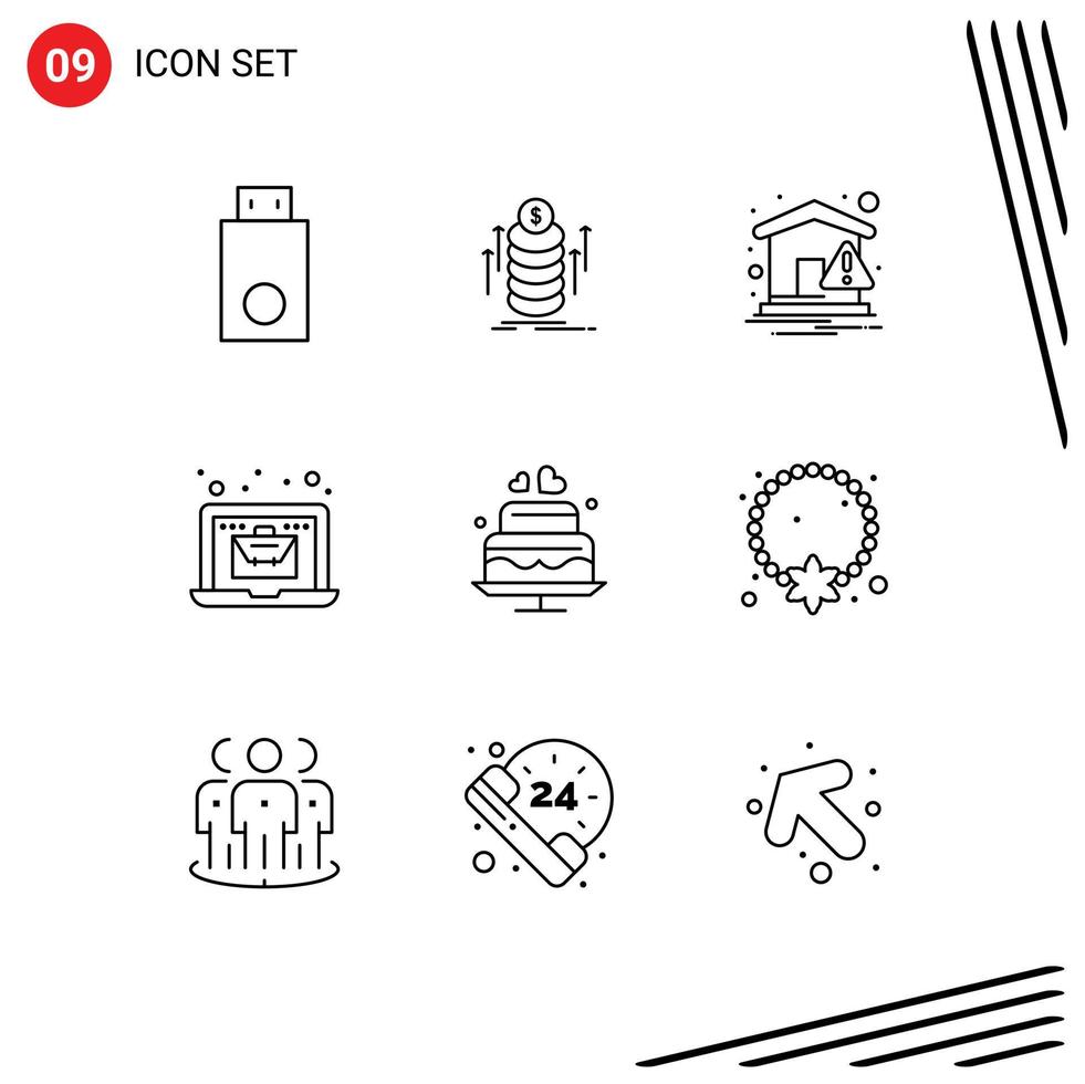 Modern Set of 9 Outlines and symbols such as cake bag coins laptop warning Editable Vector Design Elements