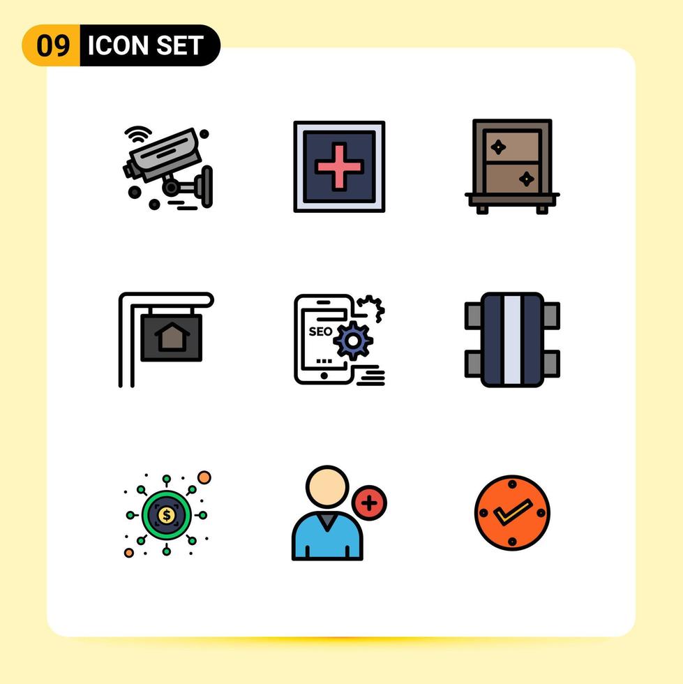 Pack of 9 Modern Filledline Flat Colors Signs and Symbols for Web Print Media such as mobile sign question house mirror Editable Vector Design Elements