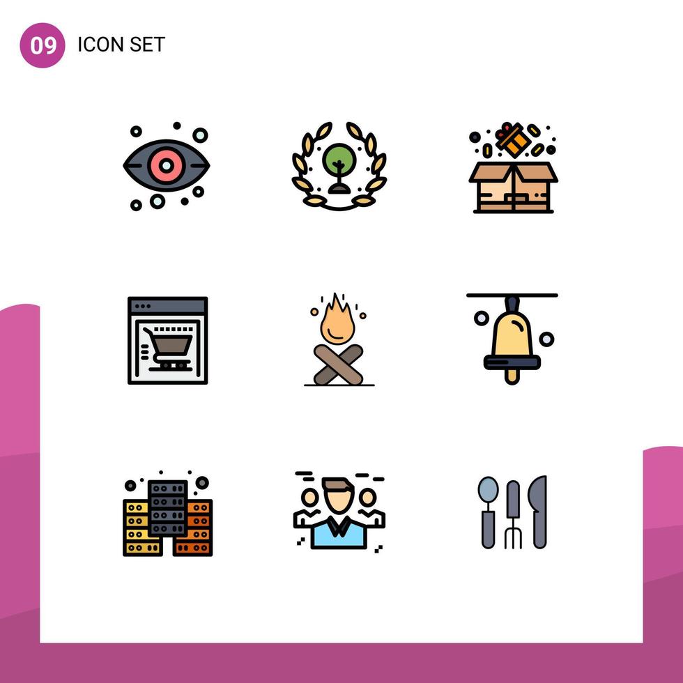 Pack of 9 Modern Filledline Flat Colors Signs and Symbols for Web Print Media such as camping bonfire box web store ecommerce Editable Vector Design Elements