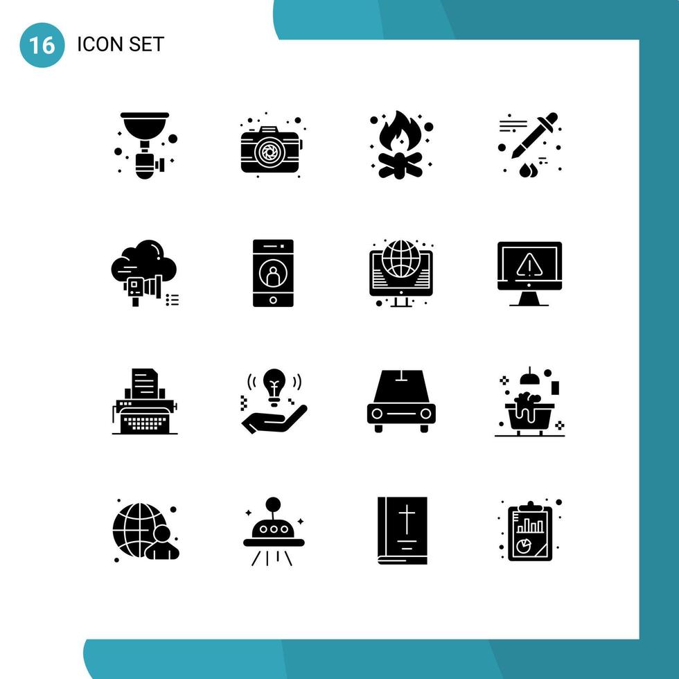 paquete de 16 signos y símbolos de glifos sólidos modernos para medios de impresión web, como elementos de diseño de vectores editables de fogata de color de lente de cuentagotas de megáfono