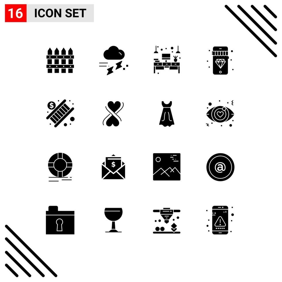 Set of 16 Modern UI Icons Symbols Signs for banking diamond thunder mobile table Editable Vector Design Elements
