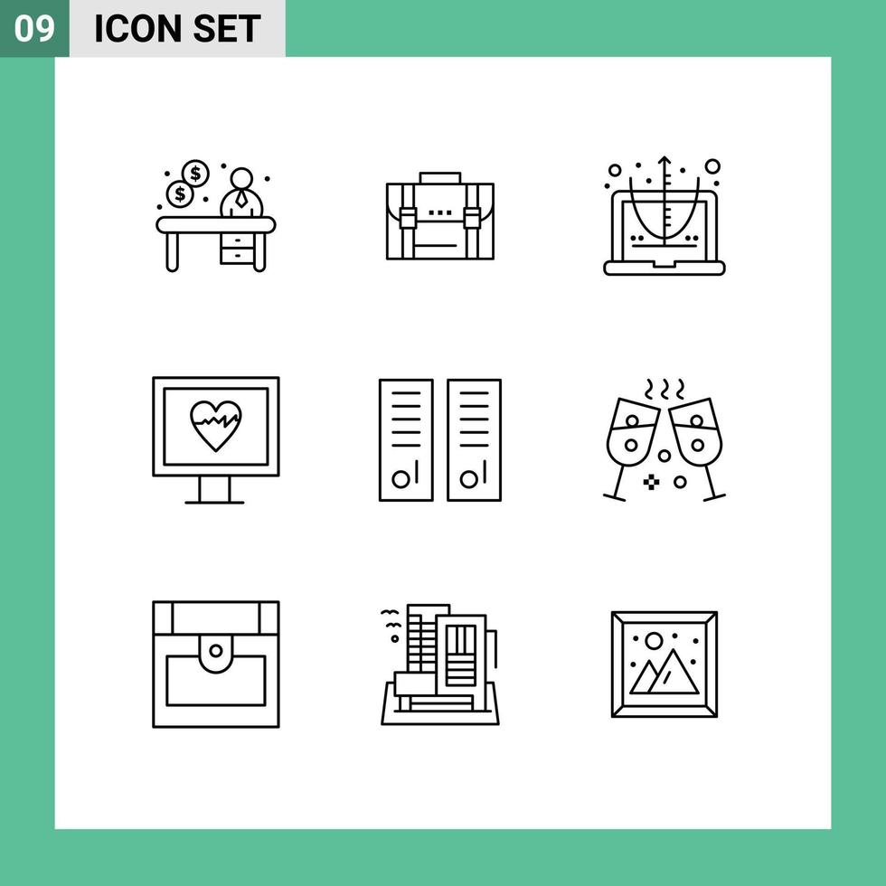 Set of 9 Vector Outlines on Grid for pulse heart marketing equation computer Editable Vector Design Elements
