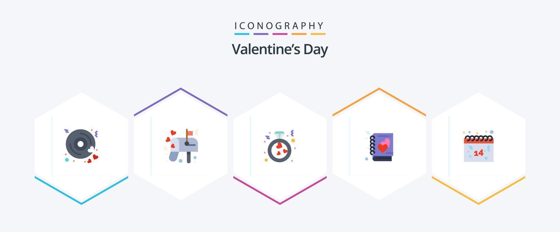 paquete de iconos planos del día de san valentín 25 que incluye la fecha. historia. corazón. computadora portátil. libro vector