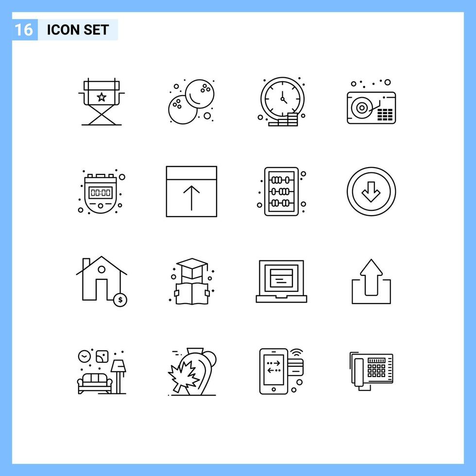 Set of 16 Modern UI Icons Symbols Signs for watch stop dollar chronometer gramophone Editable Vector Design Elements