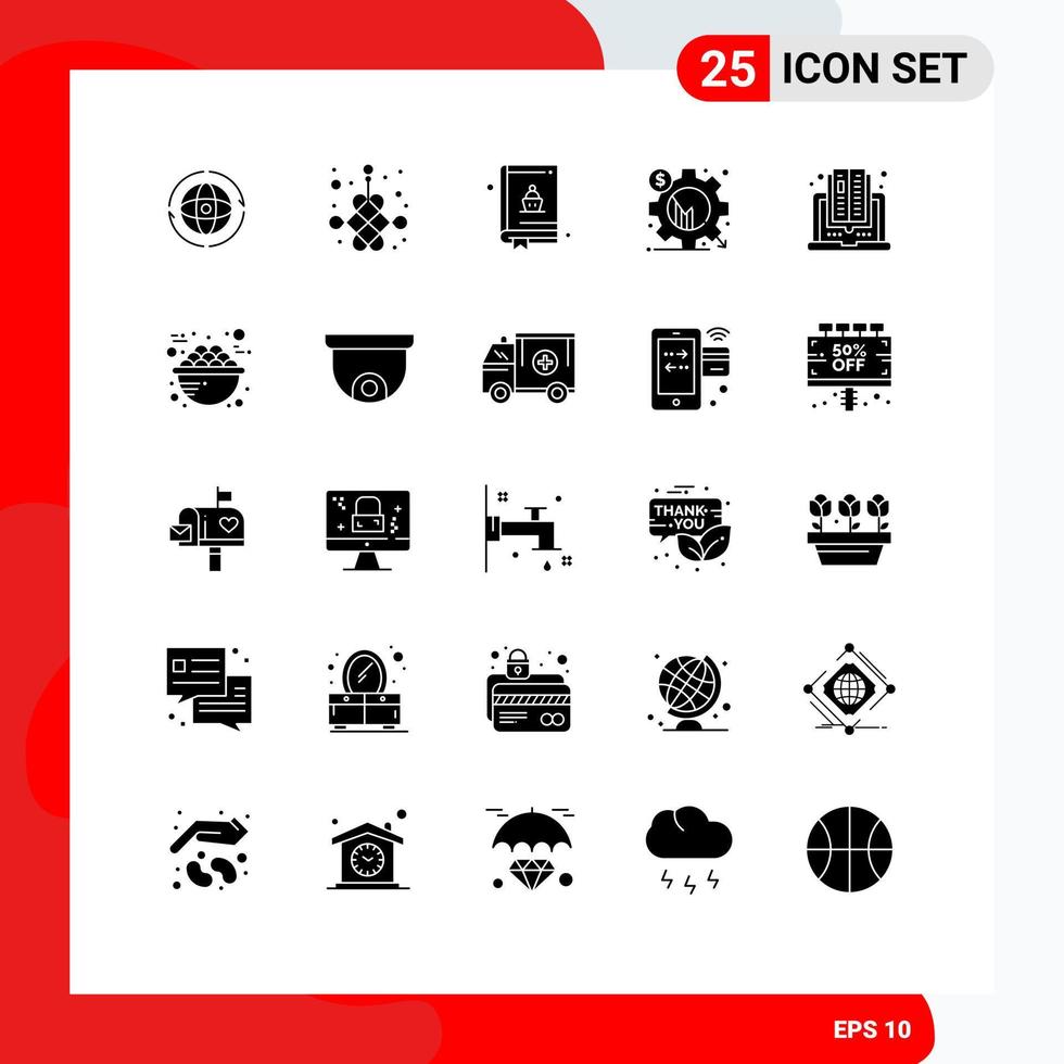 Mobile Interface Solid Glyph Set of 25 Pictograms of book gear year chart analysis Editable Vector Design Elements