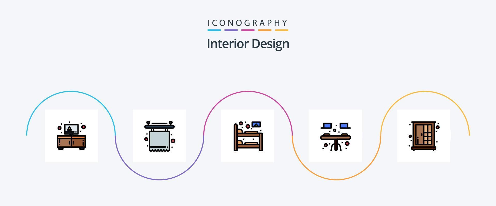 la línea de diseño de interiores llenó el paquete de iconos planos 5 que incluye muebles. mesa. cama. interior. escritorio vector