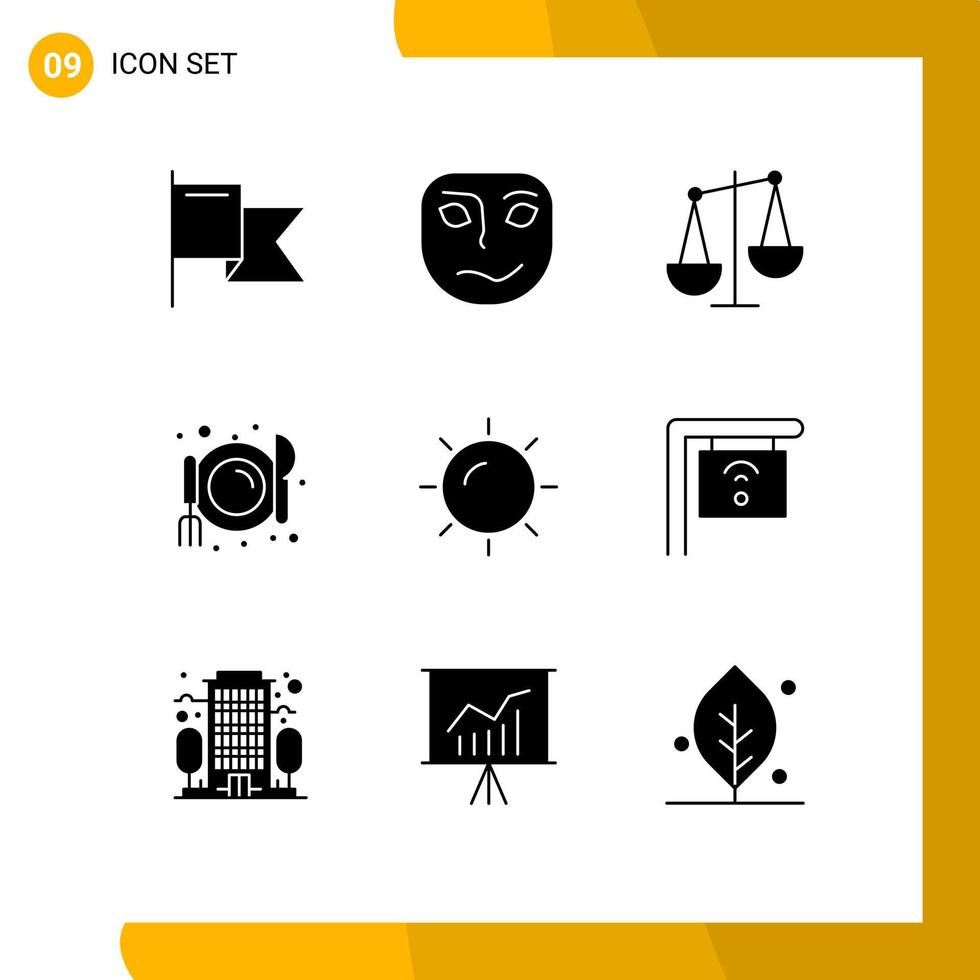 Pack of 9 creative Solid Glyphs of cafe shinning business beach diet Editable Vector Design Elements