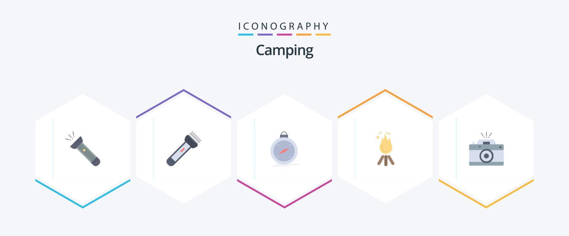 camping 25 paquete de iconos planos que incluye fotografía. GPS. acampar. hoguera vector