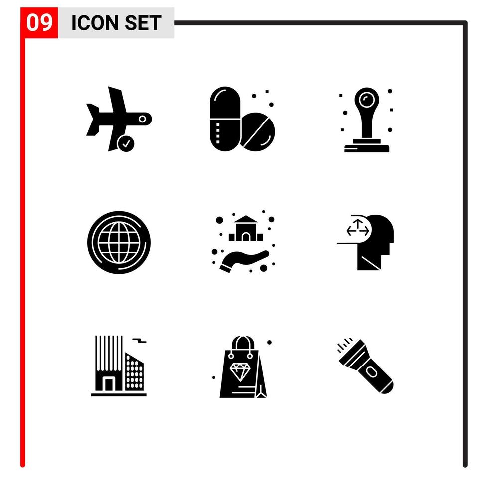 Group of 9 Solid Glyphs Signs and Symbols for property estate office think globe Editable Vector Design Elements