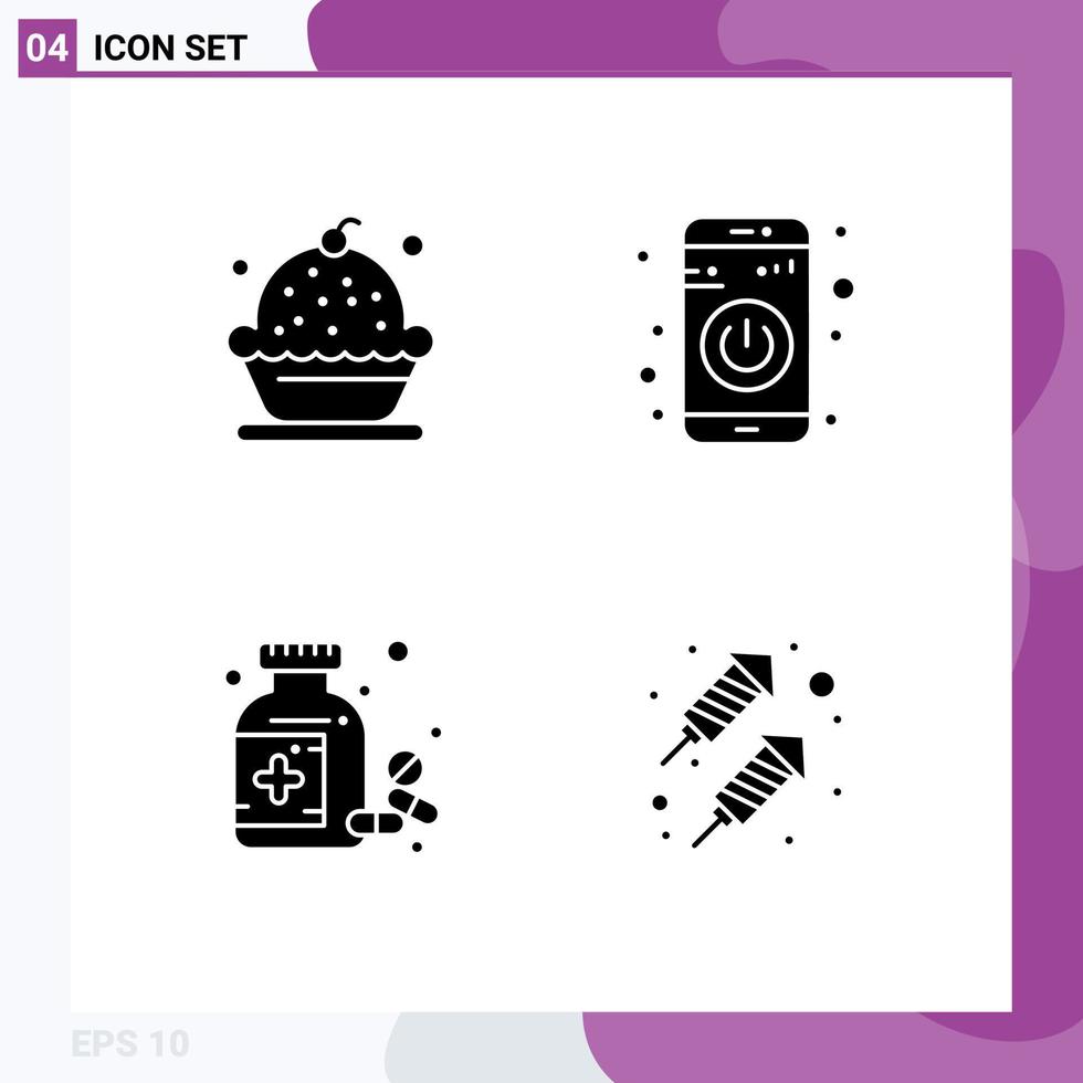 Pack of 4 Modern Solid Glyphs Signs and Symbols for Web Print Media such as baking bottle dessert switch pills Editable Vector Design Elements