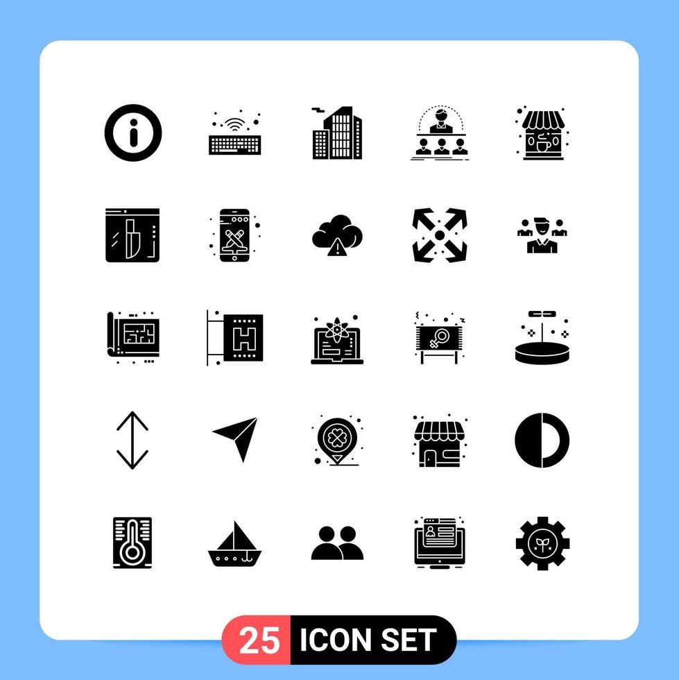 25 Universal Solid Glyphs Set for Web and Mobile Applications shop cafe real mentor course Editable Vector Design Elements